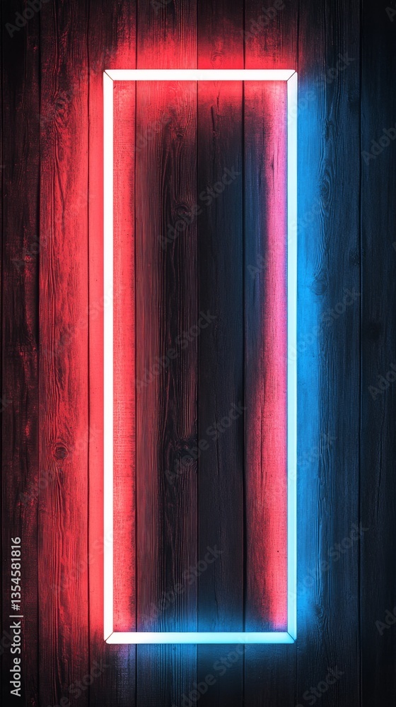Poster a modern neon rectangular frame in vivid blue and red lights stands out against a textured wooden ba