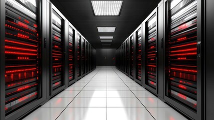 Illuminated Server Racks In A Modern Data Center Corridor