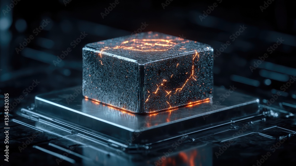 Aufkleber futuristic metallic cube with glowing veins of light on a reflective surface, showcasing advanced te