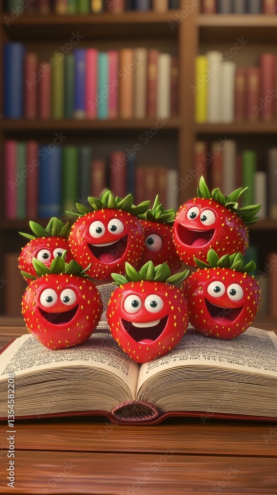 Poster a vibrant illustration of happy cartoon strawberries with expressive faces, grouped on an open book 