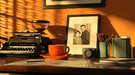 Vintage Desk Setting With Typewriter Coffee and Family Photo