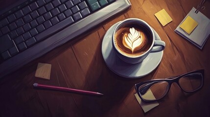 A Latte Art Coffee Beside A Keyboard And Glasses