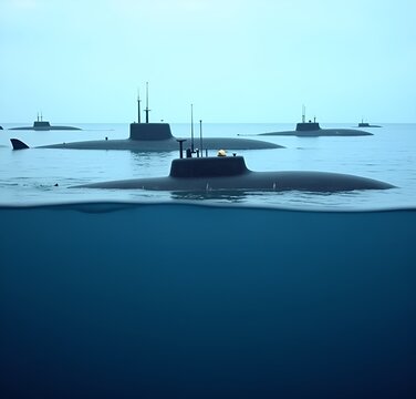 Military submarines in the sea at foggy weater