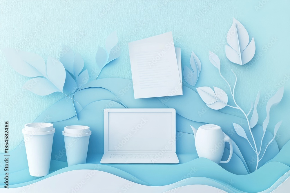 Aufkleber Modern office elements arranged in a clean paper art style background featuring laptops and coffee cups in soft blue tones
