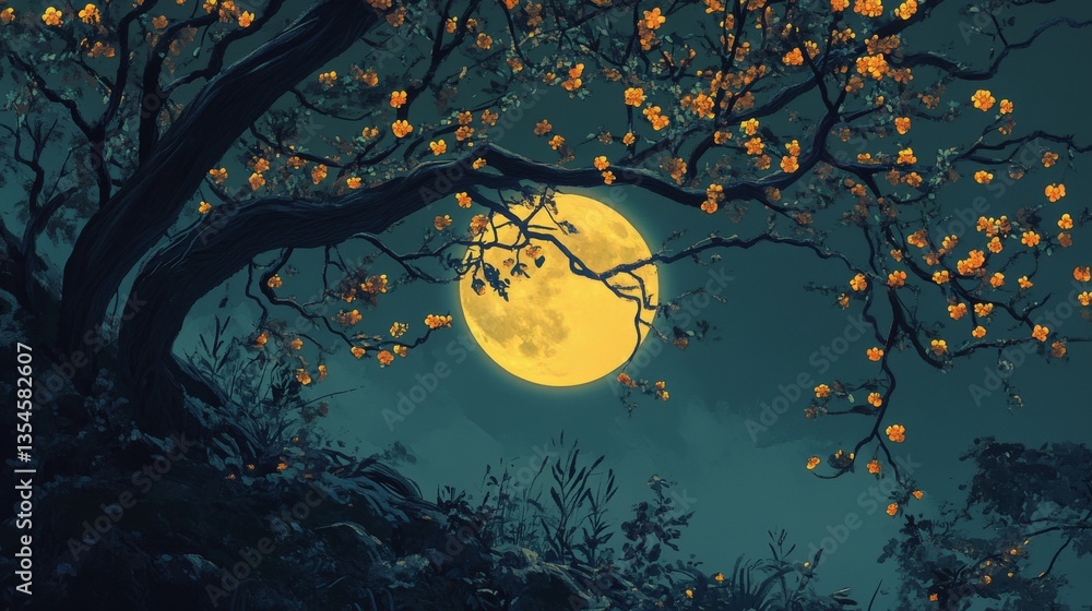 Poster a full moon illuminates a forest scene, peeking through twisting branches adorned with golden blosso
