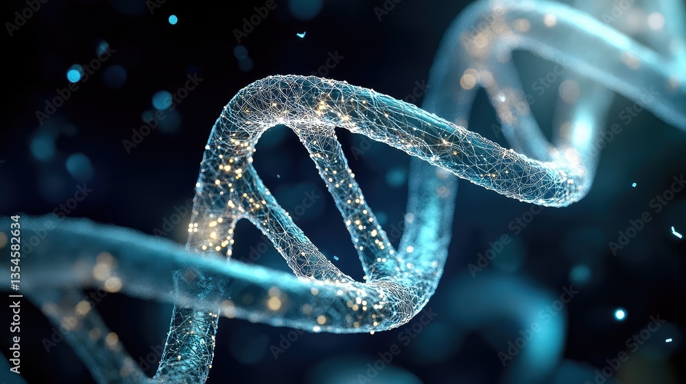 Poster intricate digital representation of dna helix with glowing particles and abstract background, symbol