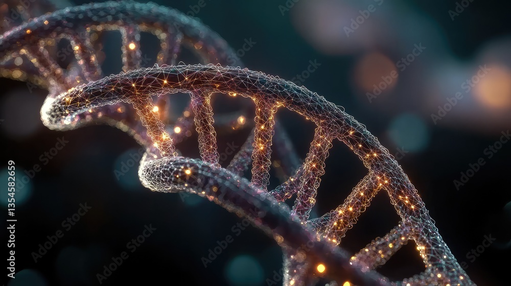 Poster abstract representation of a dna double helix structure showcasing intricate details, glowing elemen