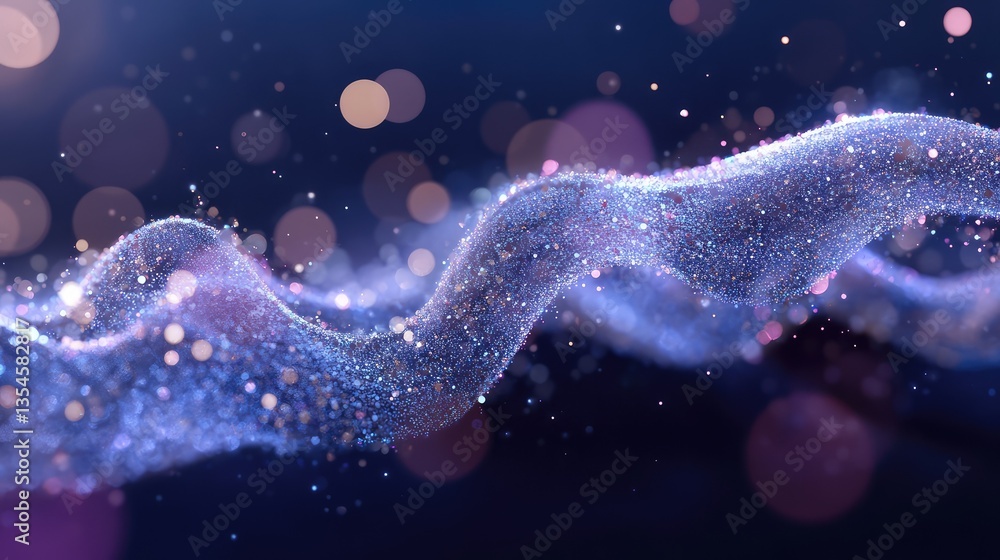 Poster ethereal glow of colorful particles in flowing wave form creating a dreamlike scene with soft bokeh 