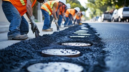 Road Workers Paving Asphalt Street Surface Repair