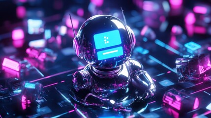 Chrome Robot Working on Neon Digital Interface