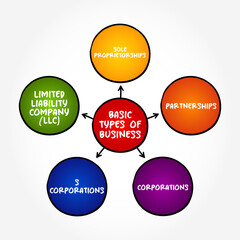 The most common forms of business - refers to the primary legal structures businesses take, mind map concept background