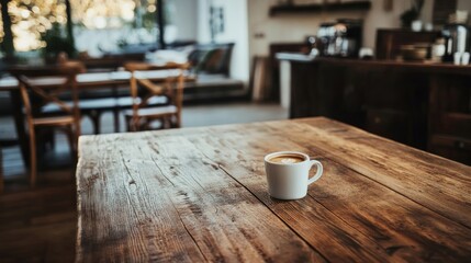 A Latte on a Rustic Wooden Table in a Cafe