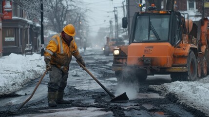 Worker repairing road surface during winter snow