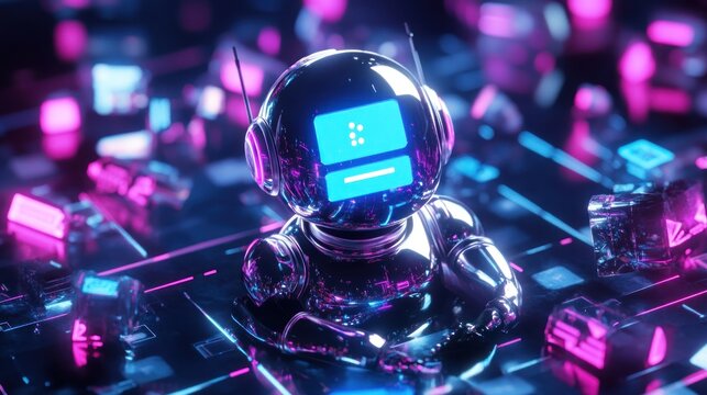 Chrome Robot Working on Neon Digital Interface