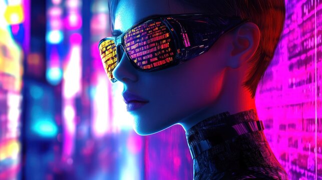 Cyberpunk Woman Neon City Lights Reflecting In Glasses