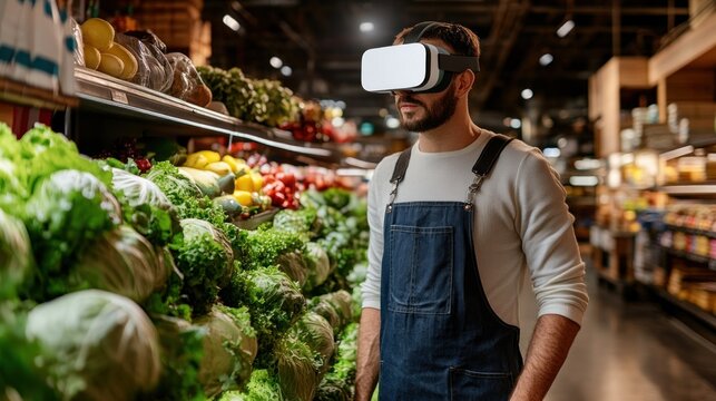 Man wearing VR headset shops for produce in grocery store