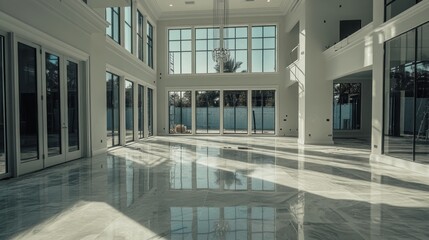 Sunlit Modern Home Interior Large Windows Polished Floor