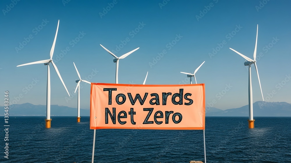 Poster wind turbines in scenic landscape with towards net zero banner
