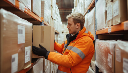 A worker in an orange jacket is holding and examining the package