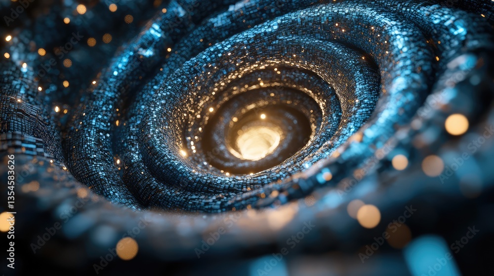 Poster a mesmerizing abstract spiral of glowing blue lights and shimmering particles, illustrating a dynami