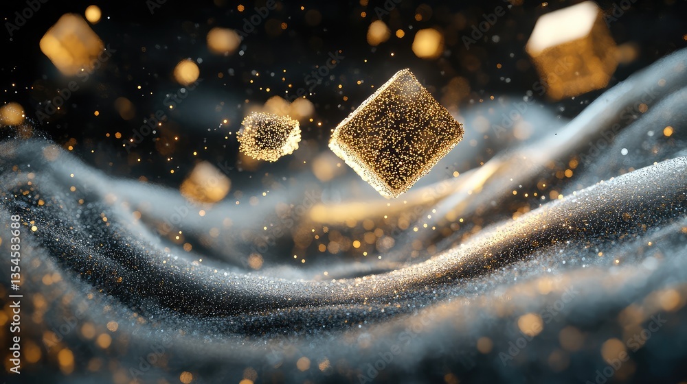 Poster magical transcendence of golden cubes floating above shimmering sand in an abstract ethereal space w