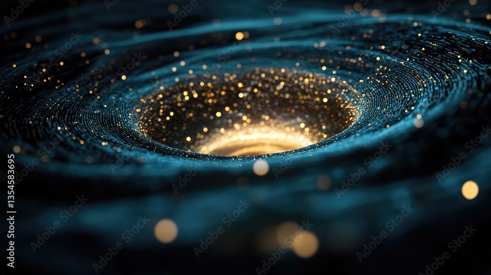Poster abstract cosmic swirl with golden particles in deep space, creating a mystical and enigmatic visual 
