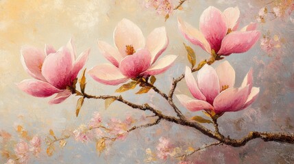Blooming pink magnolia tree branch in vintage oil painting captures the essence of spring and cottage core beauty Generative AI