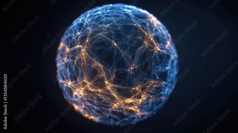 Poster abstract 3d sphere with glowing lines and nodes representing a network of connections and communicat