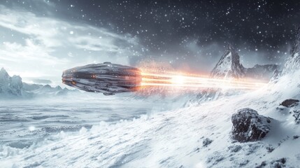 Fototapeta premium A sleek futuristic spaceship speeding through snowy mountains, leaving a vibrant glowing trail. A dynamic and cinematic illustration for sci-fi and exploration themes.. AI Generation