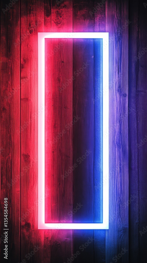 Poster illuminated neon rectangle glowing in pink and blue, reflecting subtly on textured wood. a dynamic b