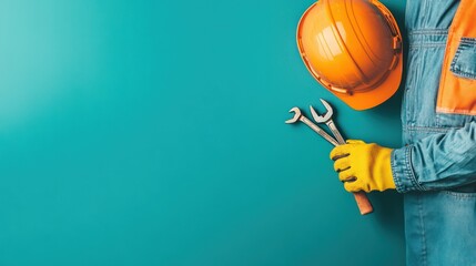 Construction worker with tools on teal background