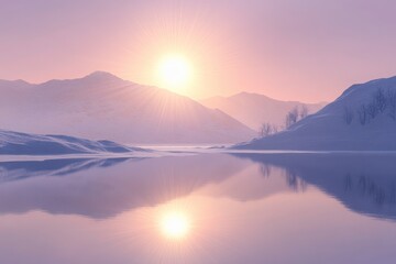 Fototapeta premium Serene landscape with mountains and lake reflecting the sunset in soft pastel colors creating a calm scene