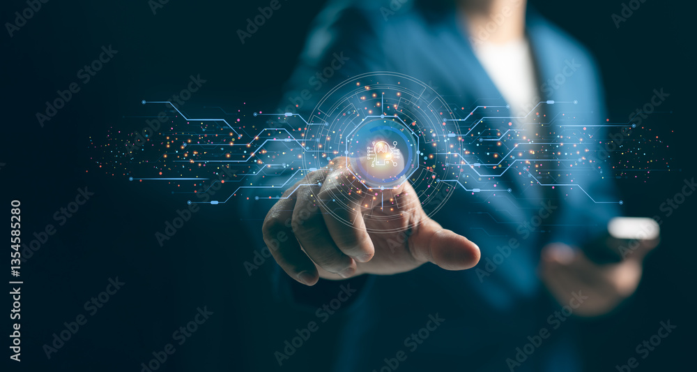 Poster businessman hand touching ai technology on cloud global. ai learning and business artificial intelli