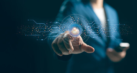 Businessman hand touching AI technology on cloud global. AI learning and business artificial...
