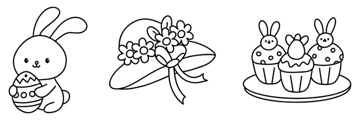 Easter,Cute bunny holding Easter egg, decorative hat with flowers, and festive cupcakes create joyful spring scene