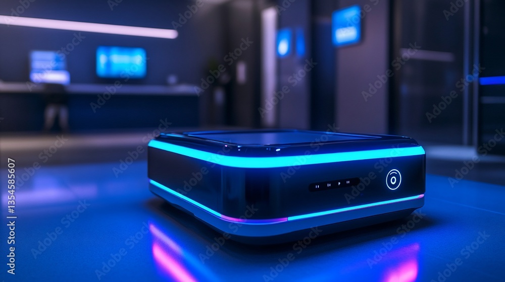 Poster futuristic tech: autonomous robotic delivery unit in a modern setting