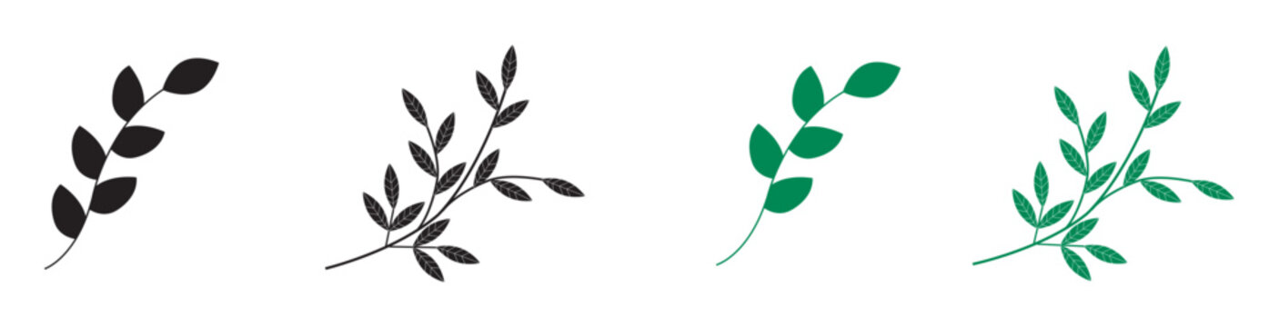 Set of organic minimalist silhouette summer and spring branches with leaves.
