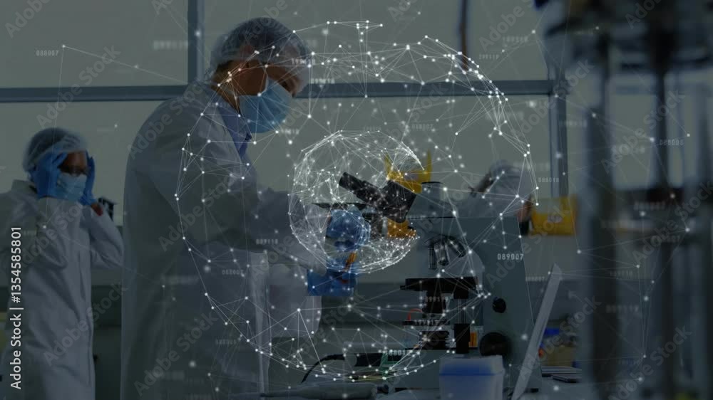 Poster in laboratory, scientists analyzing data with digital network animation overlay