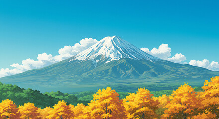 Fototapeta premium Vibrant fall foliage in shades of gold, orange, and red framing the scene.