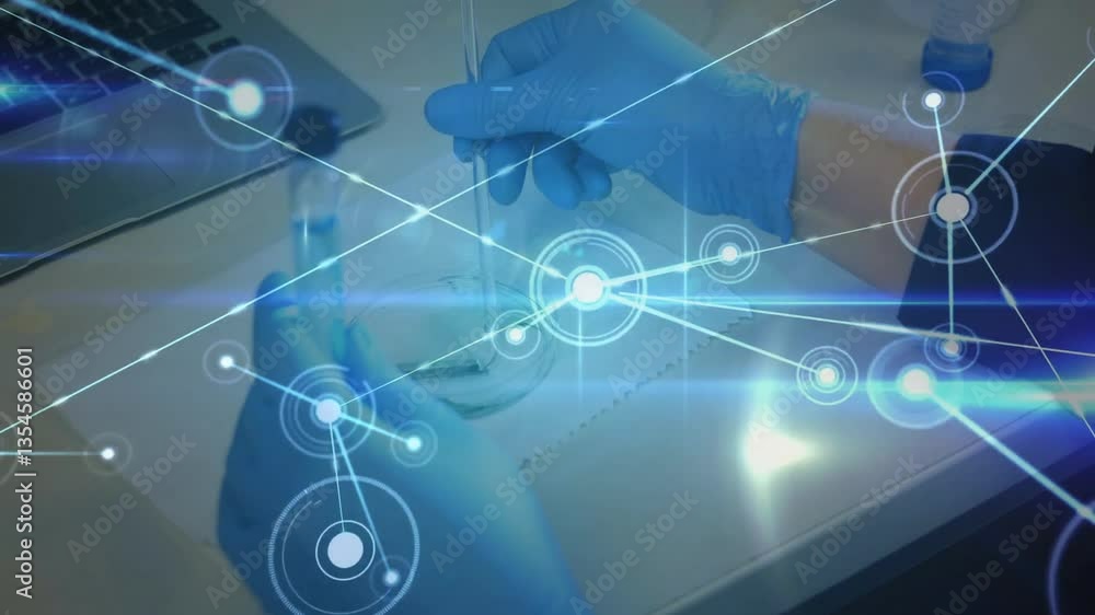 Poster conducting experiment, gloved hands with network connections animation in laboratory