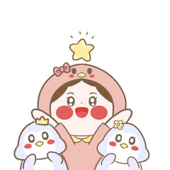 A girl in a penguin costume and two purple penguins