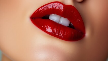 Fototapeta premium Hyperrealistic macro shot of vibrant red lips, glossy finish, and white teeth.
