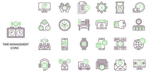 Time Management simple concept 24 green color icons set. Contains such time, management, quick, fast, timing, clock .Vector illustration.