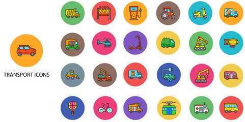 Transport simple concept 24 color icons set. Contains such car, bus, motorcycle, airplane .Vector illustration.