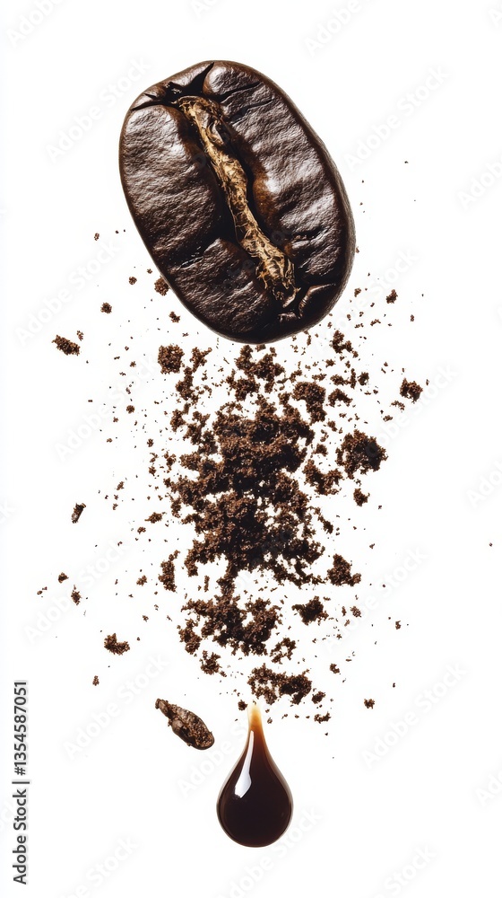 Poster a single roasted coffee bean accompanied by scattered grounds and a droplet of concentrated coffee. 