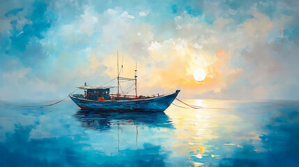 Fototapeta premium Serene morning scene of a fishing boat on a calm sea