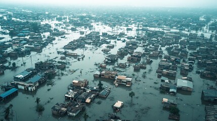 Catastrophic flooding devastates urban landscape aerial view environmental impact analysis