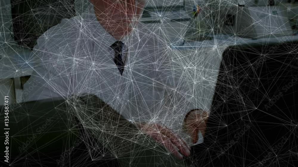 Poster business professional reading document with network connections and data processing animation