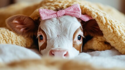 Naklejka premium cute baby calf with a pink bow