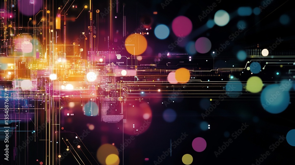 Poster abstract digital network: illuminated circuitry and bokeh lights